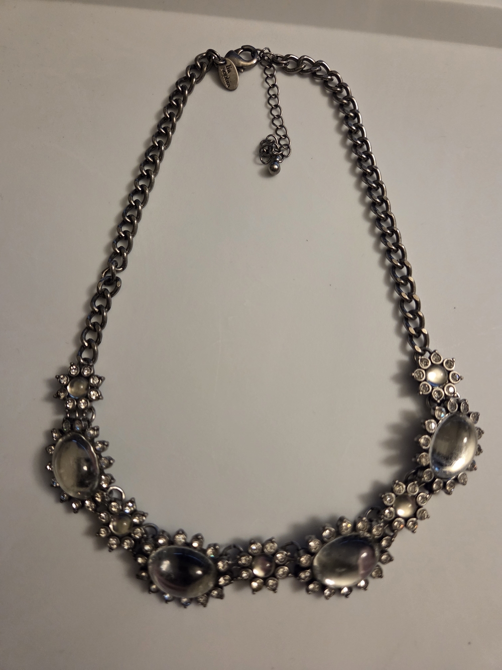 Lia Sophia Statement Necklace Silver Tone Clear Resin Rhinestone Bold Floral